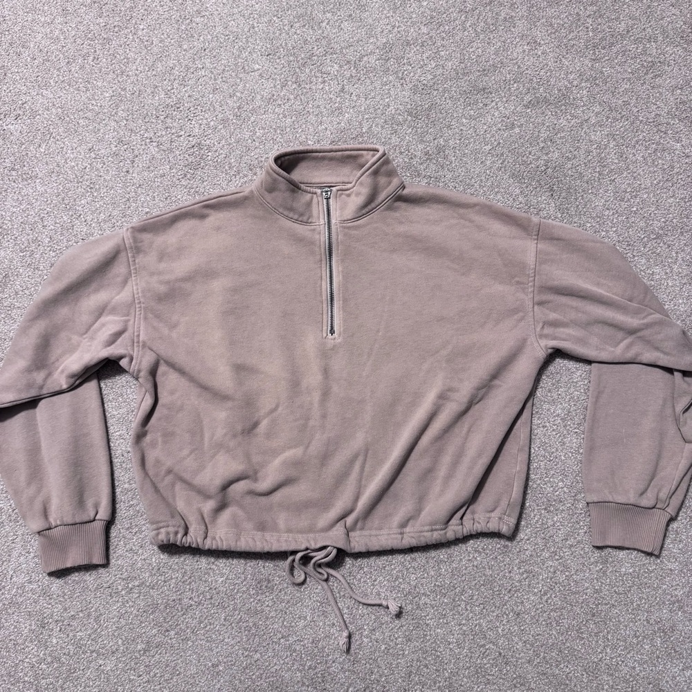 AE - S - Tan Cropped Quarter Zip Sweatshirt